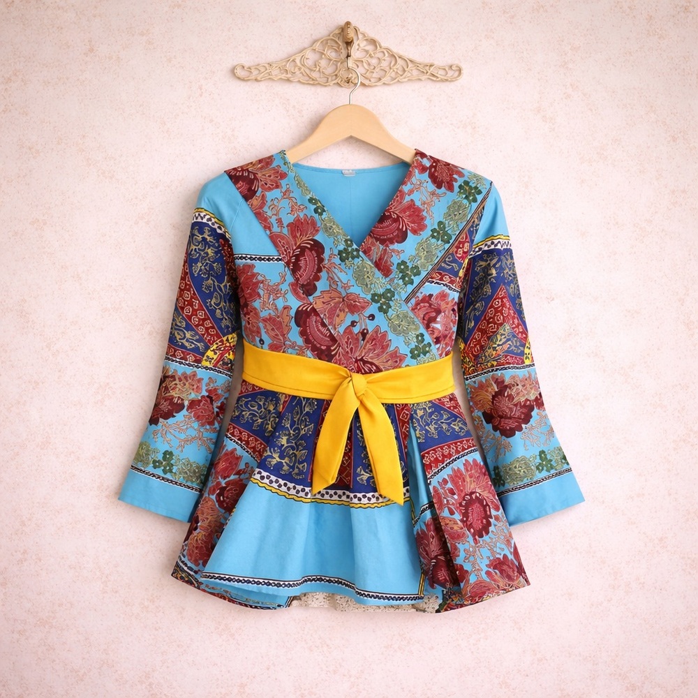 Bohemian boho chic blue handmade floral satin band Indian top XS/S